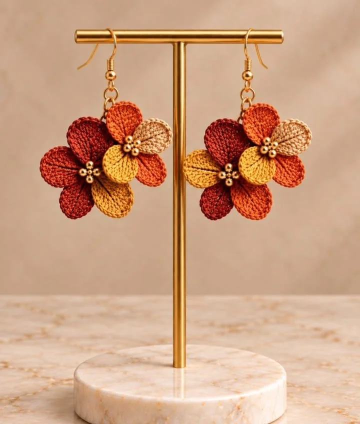 Autumn Blooms crochet earrings in warm earth tones, handcrafted and stylish.