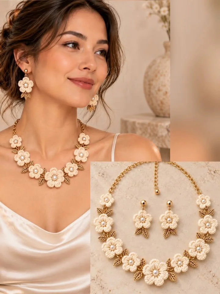 Cream and Gold Floral Crochet Jewelry Pattern showcasing intricate designs.