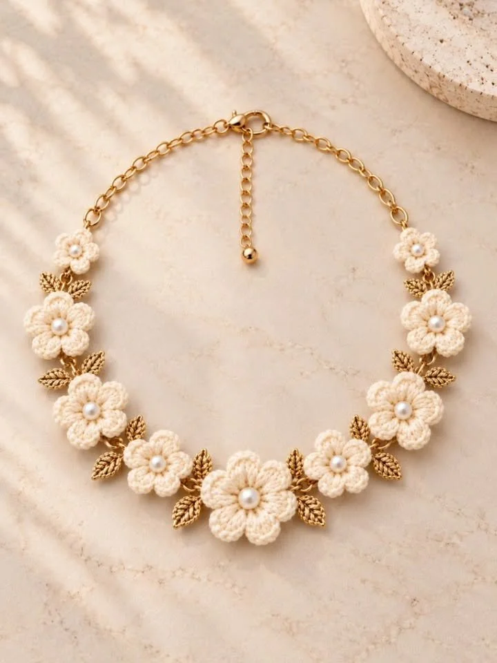 Elegant cream and gold crochet necklace pattern for handmade jewelry.