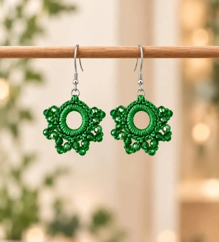 Elegant emerald crochet earrings tutorial showcasing handmade jewelry techniques