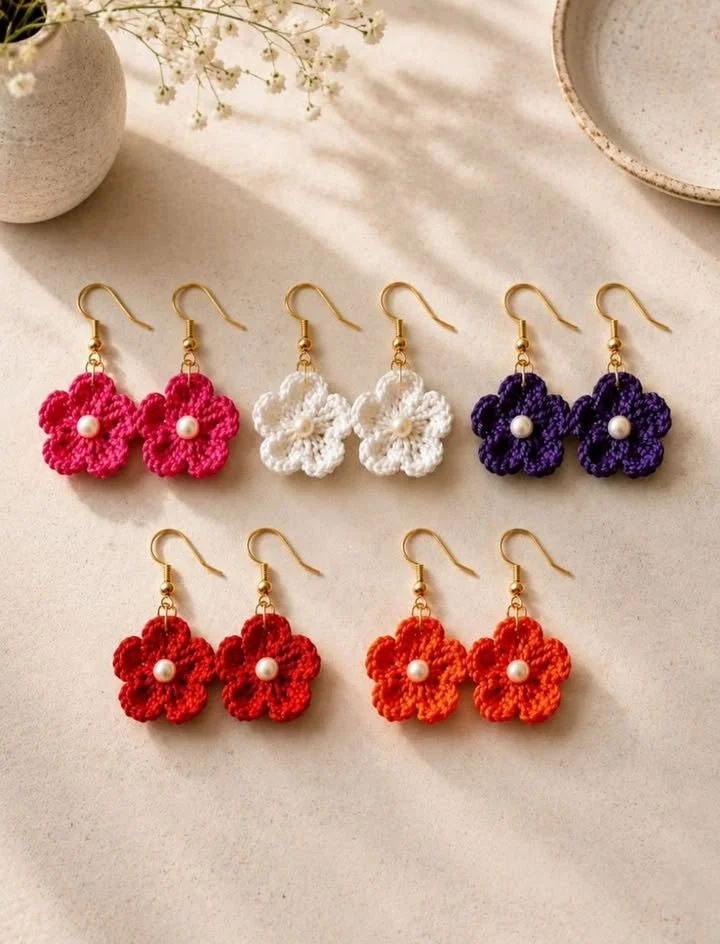 Handmade crochet earrings pattern featuring floral design