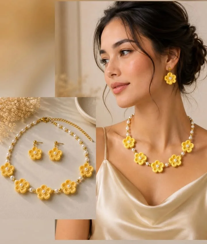 Golden Blooms crochet jewelry set for sunny days, featuring floral designs.
