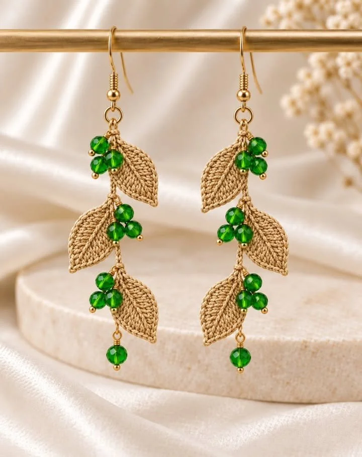 Golden Leaves and Emerald Berries crochet earrings for a stylish accessory