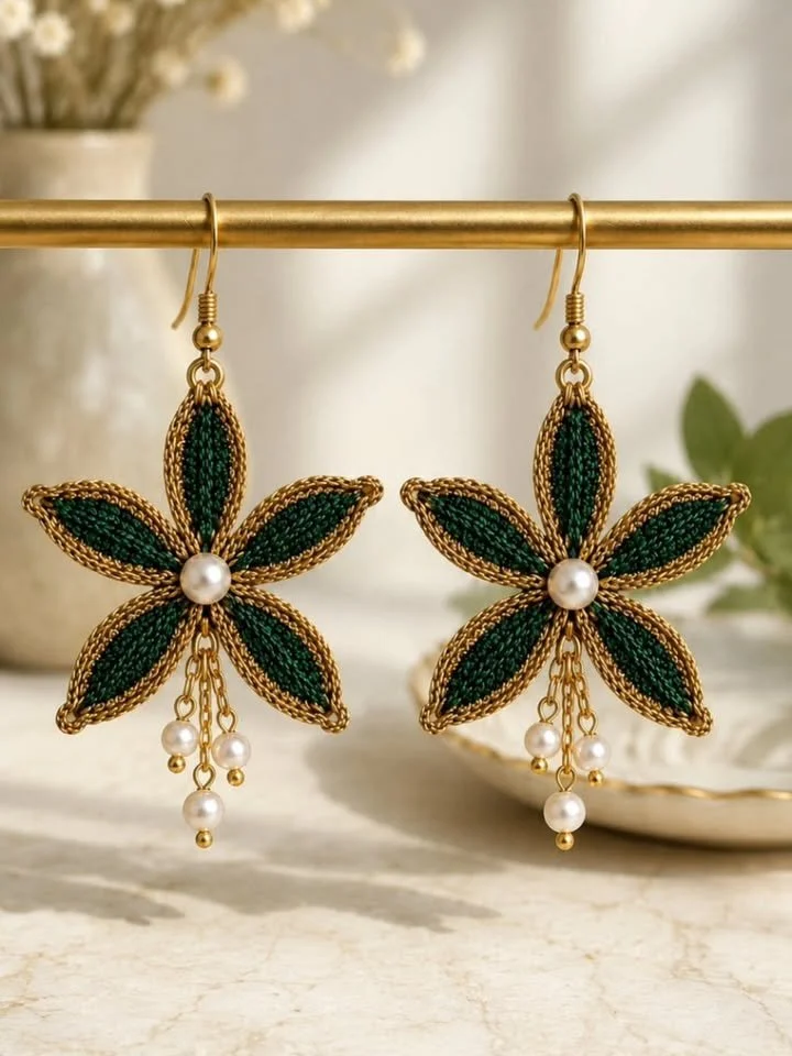 Handmade emerald green and gold crochet earrings