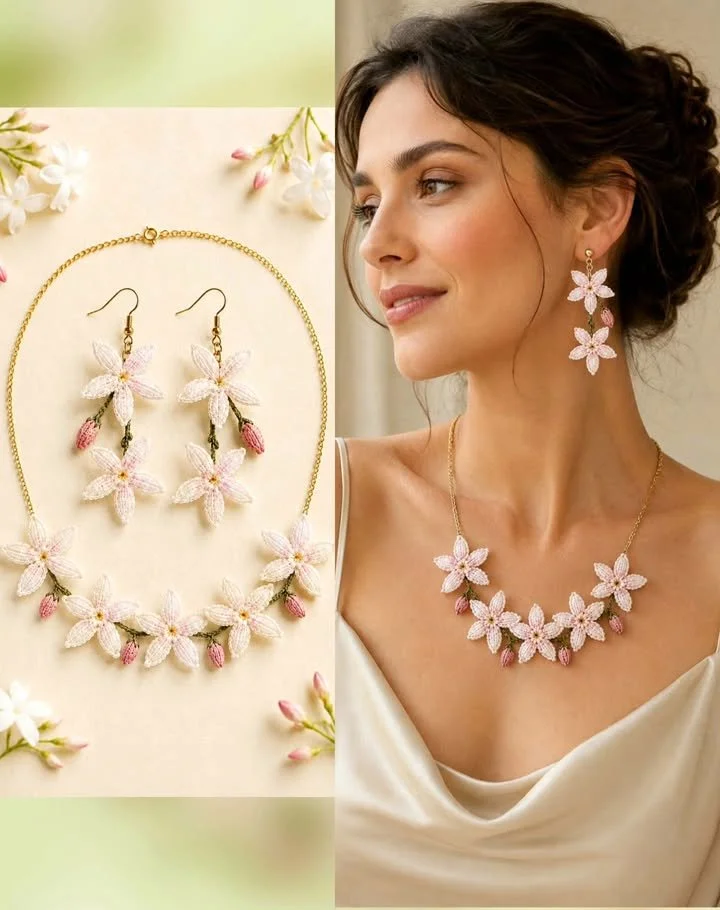 Jasmine-inspired crochet jewelry set featuring intricate designs and vibrant colors.