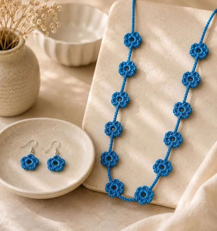 Handmade ocean blue crochet jewelry pattern for stylish accessory making.