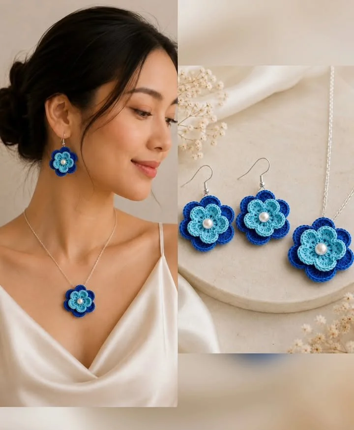 Sea-inspired crochet jewelry set pattern featuring ocean motifs.