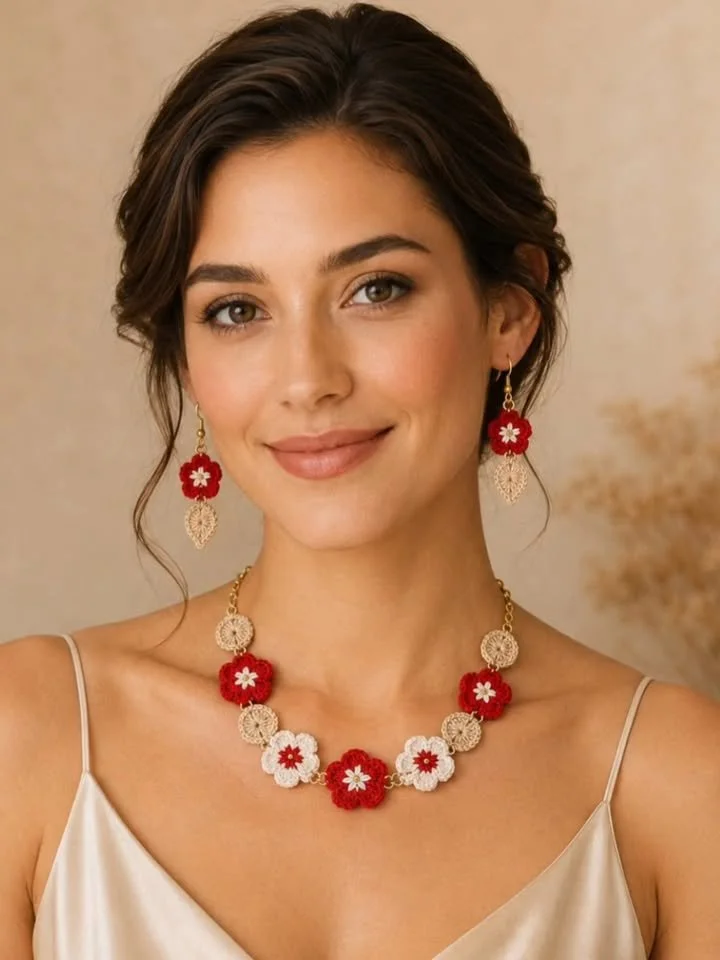 Soft flower jewelry with tiny stitches and bold red accents for elegant style.