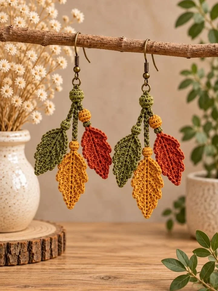 Tiny Leaves Crochet Earrings in warm autumn colors, handmade for a stylish look.