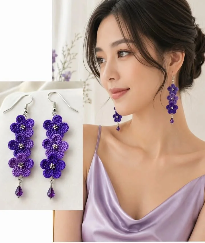 Violet Dreams Crochet Earrings featuring soft floral designs in rich colors.