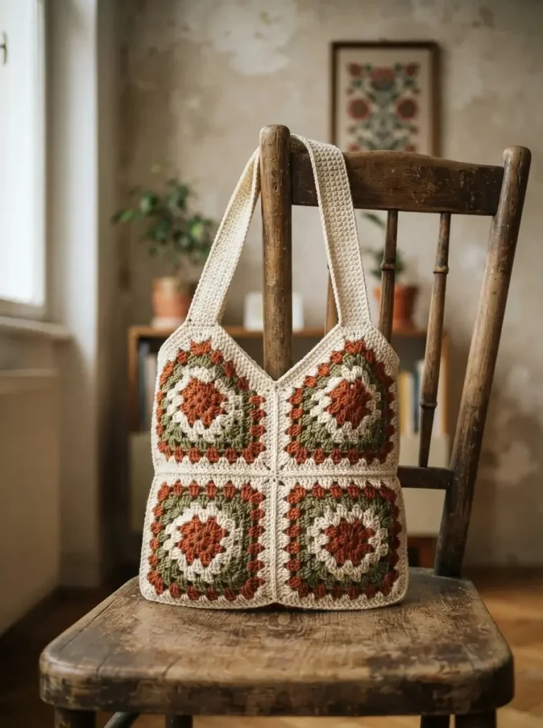 Crochet autumn granny square shoulder bag pattern design