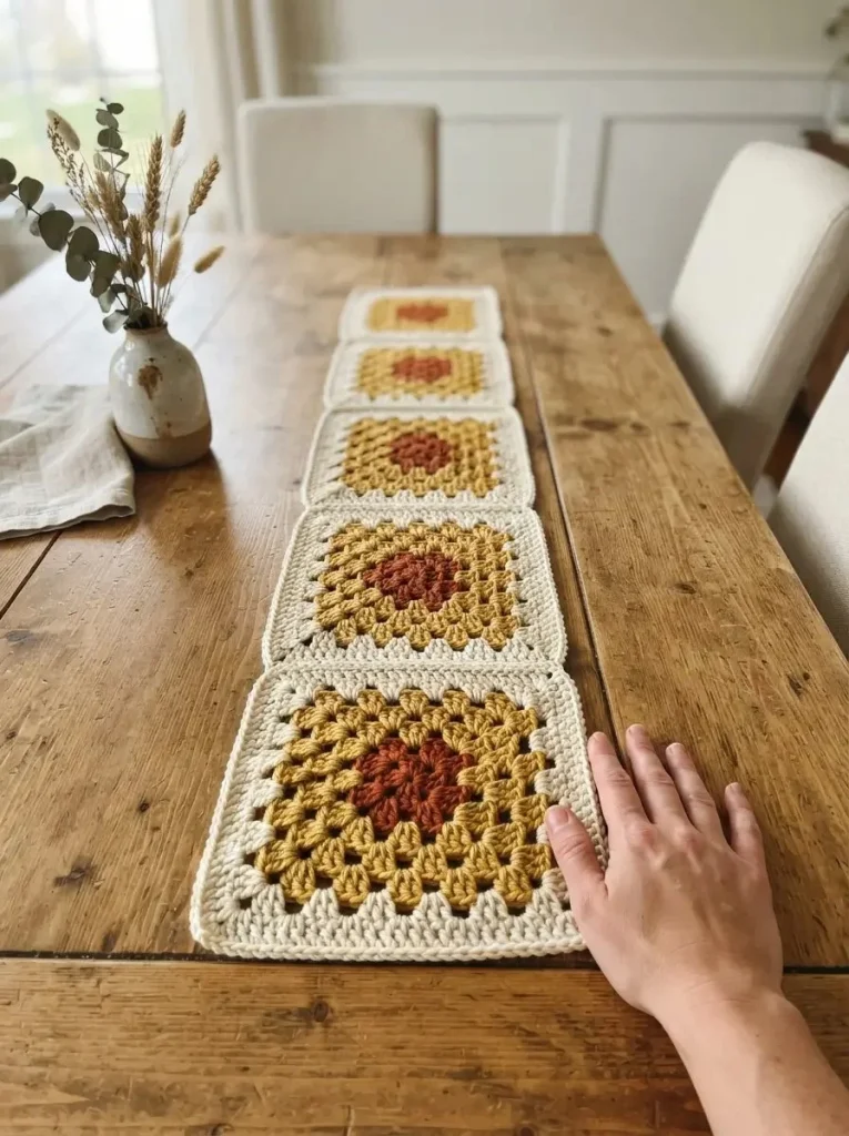 Cozy crochet table runner in granny squares, perfect for fall decor.