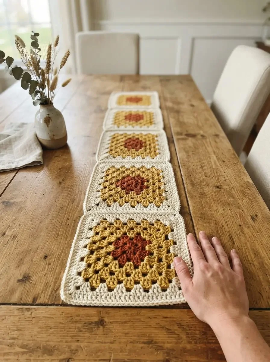 Cozy crochet table runner in granny squares, perfect for fall decor.