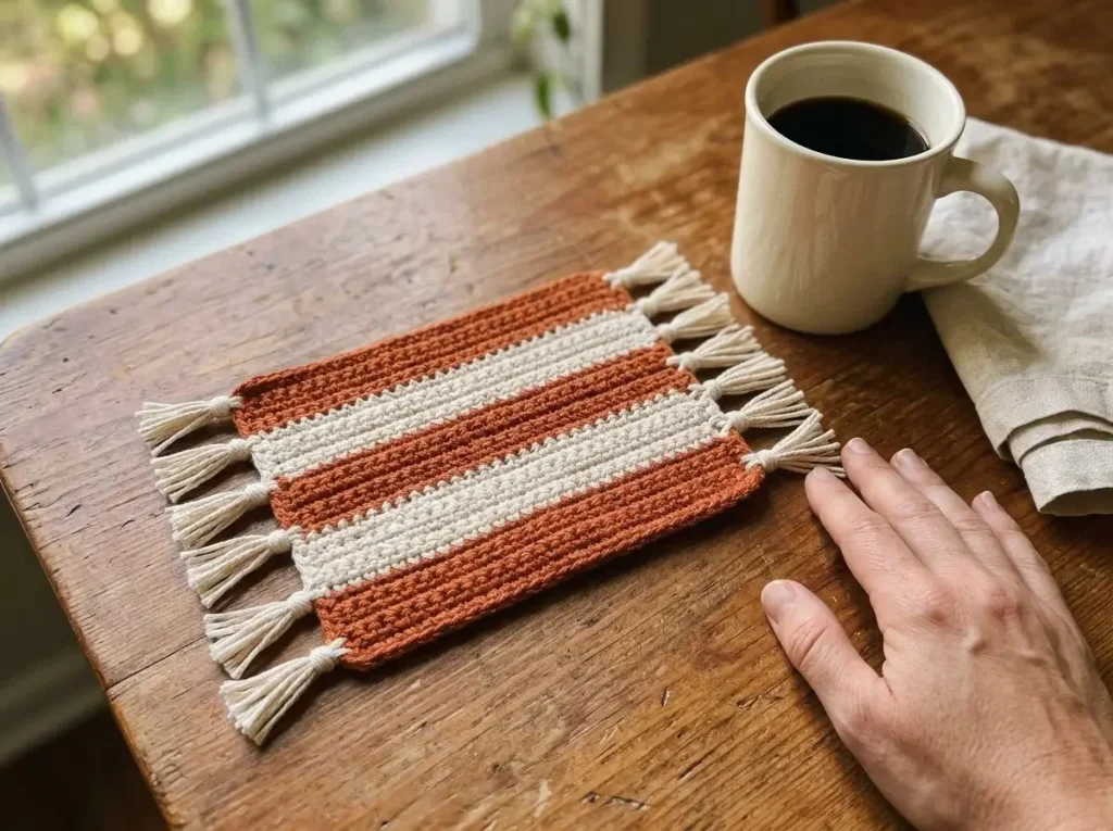 Cozy pumpkin spice mug rug crochet pattern for autumn crafting