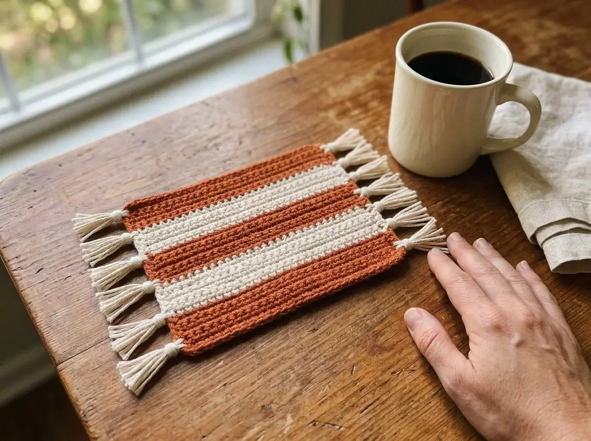 Cozy pumpkin spice mug rug crochet pattern for autumn crafting