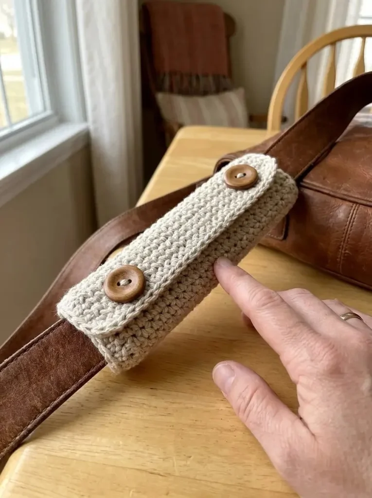 Crochet bag strap with a comfort pad for shoulder comfort