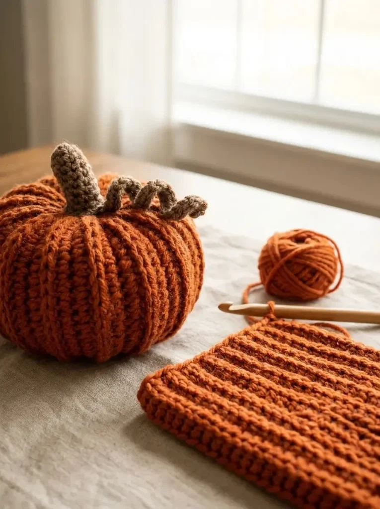 Farmhouse ribbed pumpkin crochet pattern for fall decor