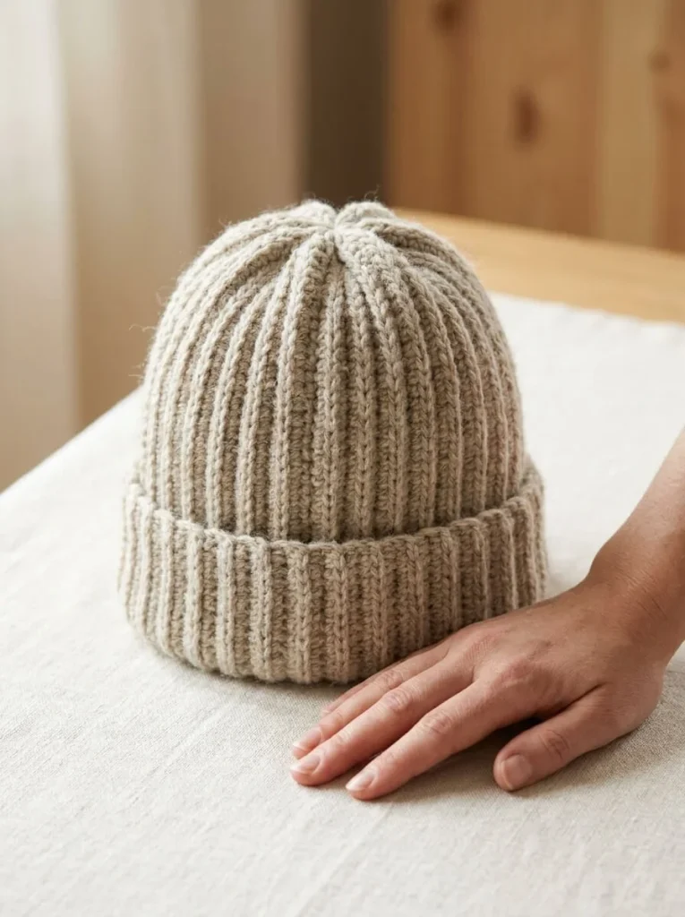 Ribbed crochet beanie showcasing intricate patterns and textures.