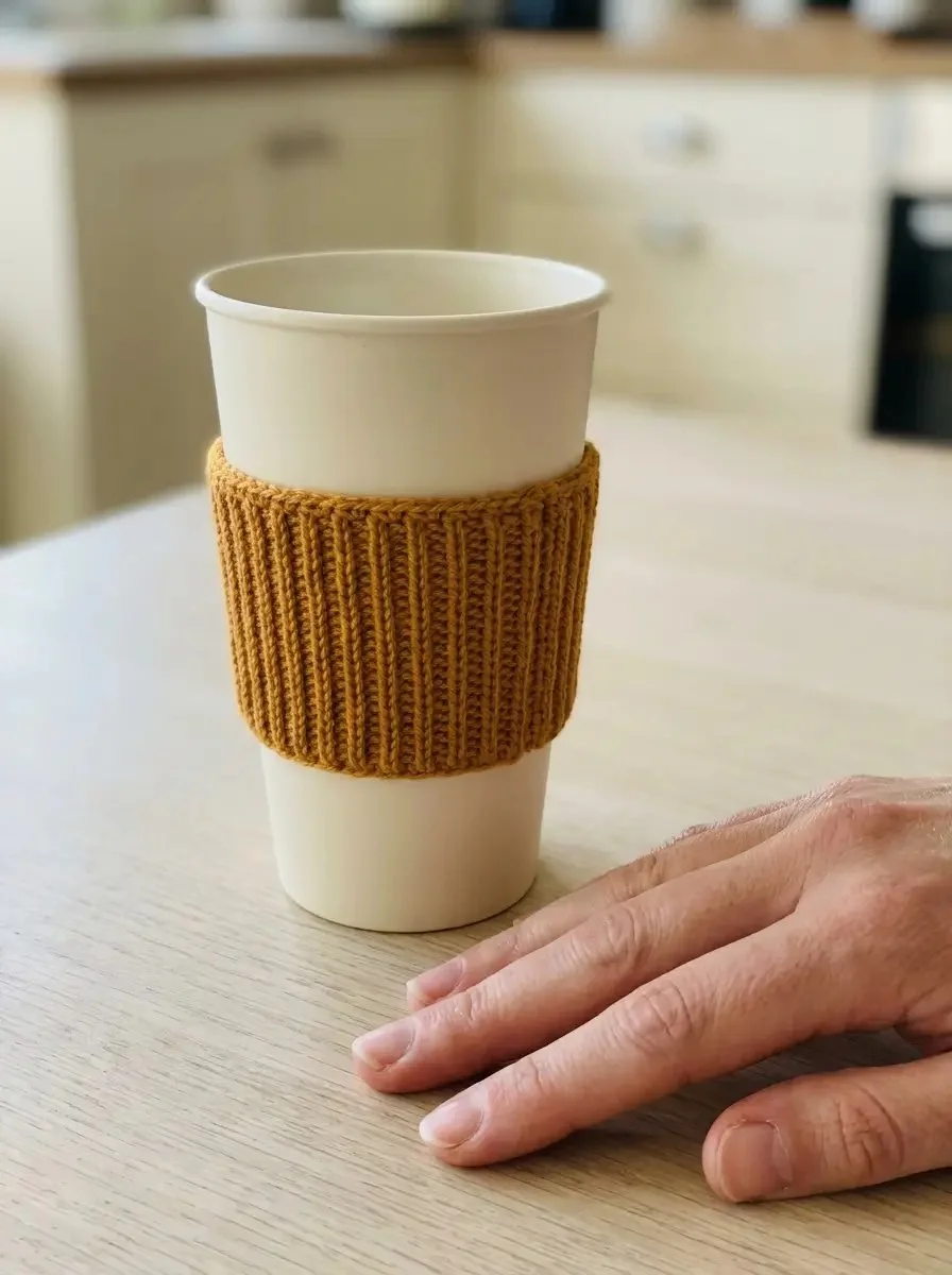 Ribbed crochet cup sleeve for reusable coffee cups, eco-friendly and stylish accessory