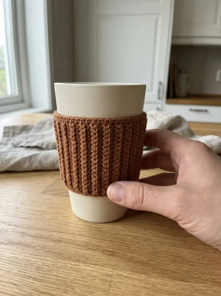 Ribbed cup sleeve crochet pattern for everyday use, showcasing stylish designs.