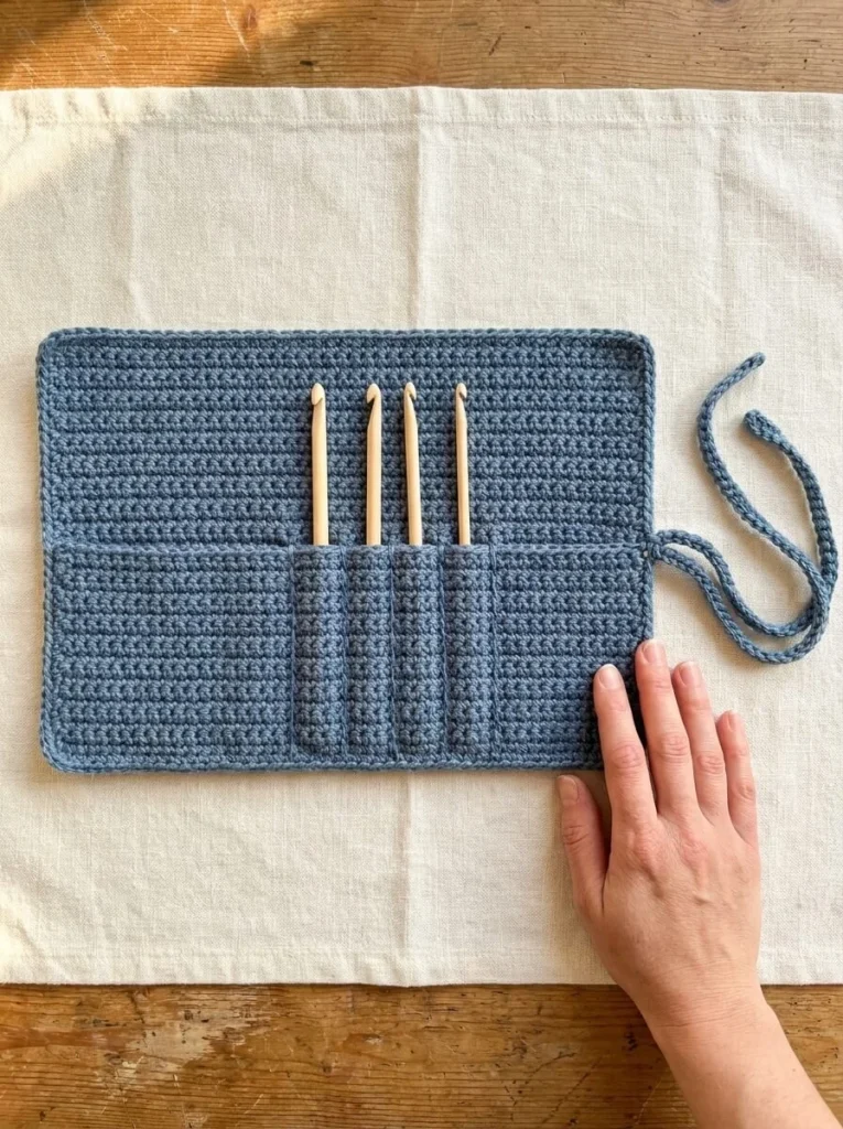 Roll-up crochet hook organizer pattern for beginners featuring storage pockets